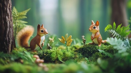 International Day of Forests scene with lush green trees and woodland creatures against a misty morning forest backdrop, macro shot, Nature Conservation style concept