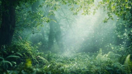 International Day of Forests scene with lush green trees and woodland creatures against a misty morning forest backdrop, macro shot, Nature Conservation style concept