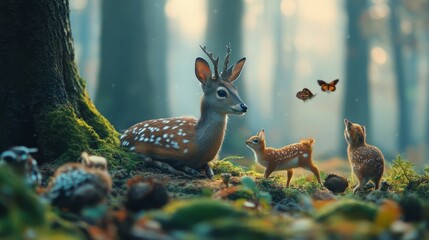 International Day of Forests scene with lush green trees and woodland creatures against a misty morning forest backdrop, macro shot, Nature Conservation style concept