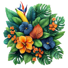 Naklejka premium A vibrant tropical floral arrangement featuring various leaves and colorful flowers.
