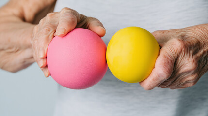 Elderly woman holding pink and yellow therapy balls for physical exercise, promoting strength and mobility. Engaging in rehabilitation activities can enhance well being and health