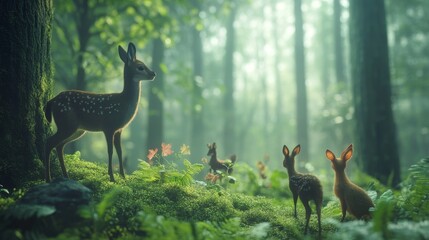 International Day of Forests scene with lush green trees and woodland creatures against a misty morning forest backdrop, macro shot, Nature Conservation style concept