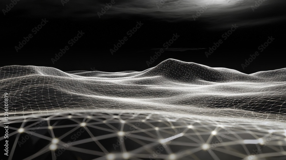 Poster an abstract d ai landscape with nodes, glowing lines, and floating geometric shapes.