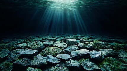 Sunbeams illuminate underwater stone path