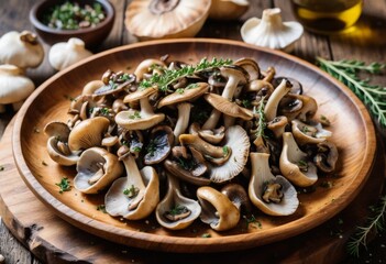 Fototapeta premium Delicious Roasted Mushrooms with Herbs on Wooden Plate, Close-up Food Photography