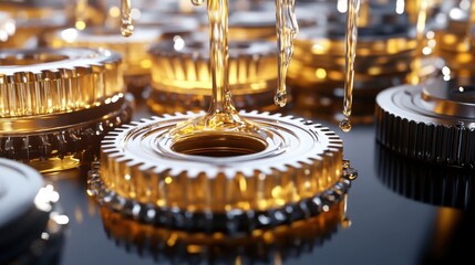 Artistic view of engine oil dripping onto metal parts, reflecting dramatic light.