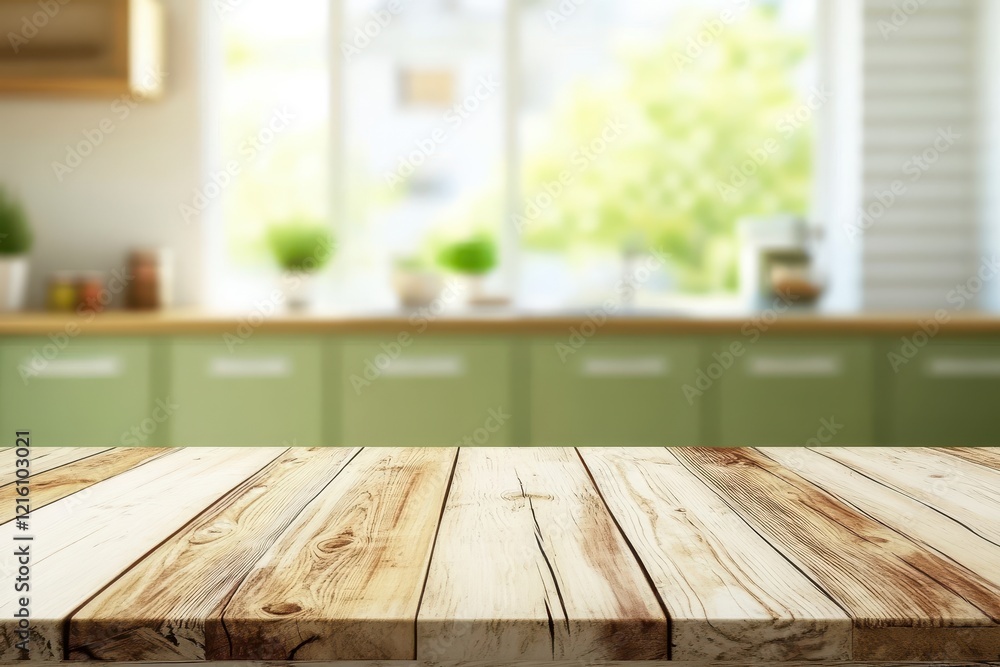 Wall mural Wooden table, kitchen backdrop, sunlight, product display (4)