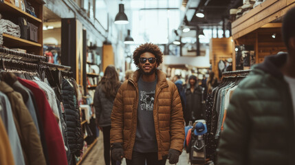 Fototapeta premium young man wearing sunglasses and brown jacket walks through clothing store, surrounded by racks of winter apparel. atmosphere is lively and vibrant