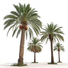 3D Render of Four Date Palms, Lush Green Foliage, Isolated on White, Tropical Paradise Concept, 3D Modeling, Date Palm Trees Date Palm, Tropical Plants