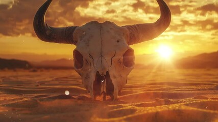 skull bull in the sand desert at pretty sunset seamless looping overlay 4k virtual video animation background - Powered by Adobe