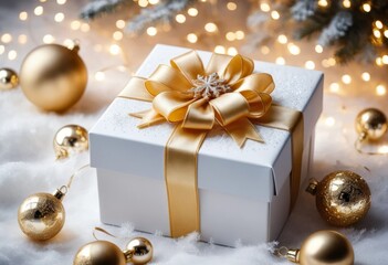 Elegant Gold Christmas Gift Box with Ornaments on Snowy Surface