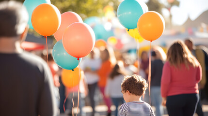 A lively community event in an outdoor setting, people of all ages exchanging smiles and compliments, colorful balloons and decorations adding to the festive atmosphere.