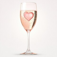 a glass of pink champagne with a heart-shaped bubble floating inside, isolated on transparent background.