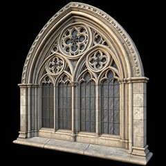 Fototapeta premium Gothic Arch Window 3D Model, Stone, Intricate Design, Cathedral Architecture, 3D rendering Gothic Architecture, 3D Model