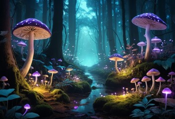 Enchanted Forest with Glowing Mushrooms and Stream at Night