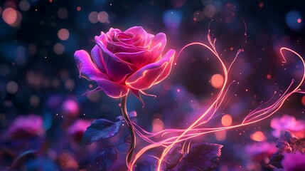 Obraz premium A glowing tendril of light curling upward on a neon rose background