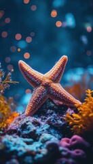 Orange starfish on vibrant ocean rock.  Stunning underwater scene.