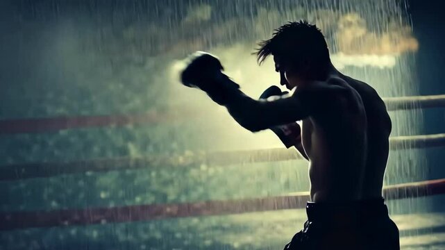 Shadow Boxing in the Rain: Athletic Man Training in the Storm