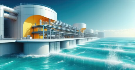 Futuristic desalination plant transforming ocean water into fresh drinking water for drought-affected regions. Innovative eco-technology ensuring water sustainability