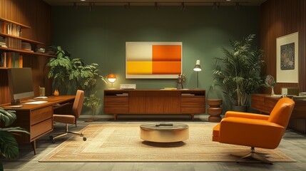 A modern living room with a large orange chair and a brown desk. The room is decorated with a green wall and a large orange painting