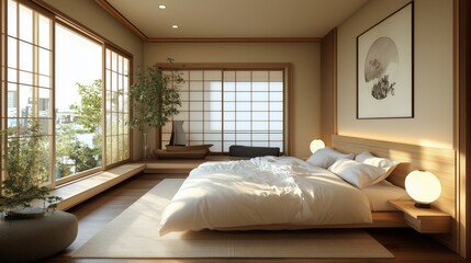 A bedroom with a white bed, a white rug, and a white wall. The room has a minimalist design and a calming atmosphere
