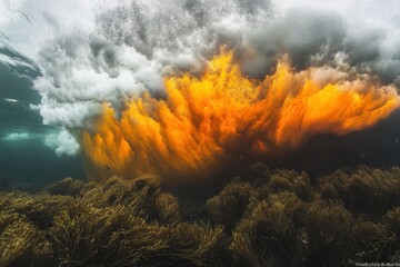 Fototapeta premium Ocean wave explodes in a fiery orange spectacle underwater, illuminating the seabed.
