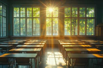 An empty classroom with rows of desks bathed in sunlight streaming through the windows, capturing a serene and silent atmosphere