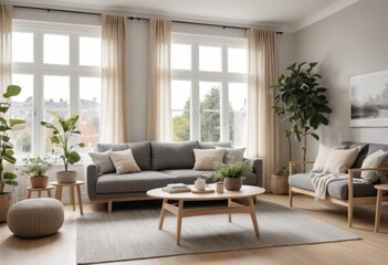 Fototapeta premium Modern Living Room Interior Design with Gray Sofa, Wooden Coffee Table, and Plants