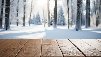 Wooden table in snowy winter forest background