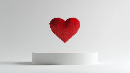 3d voxel floating red heart over podium on white background
