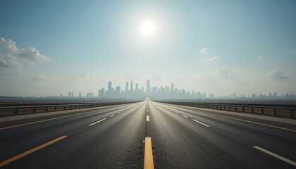 Empty highway leading to a distant hazy city skyline under a bright sun, offering a sense of journey and aspiration.