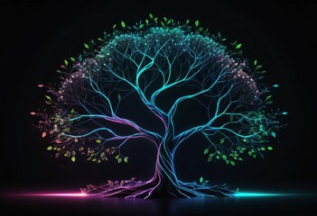 Fototapeta premium Neon Glowing Tree of Life with Vibrant Leaves in Dark Background