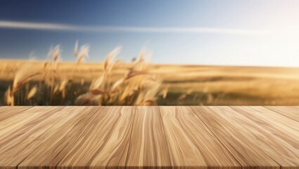 Empty Wooden Tabletop Awaits in a Golden Wheat Field