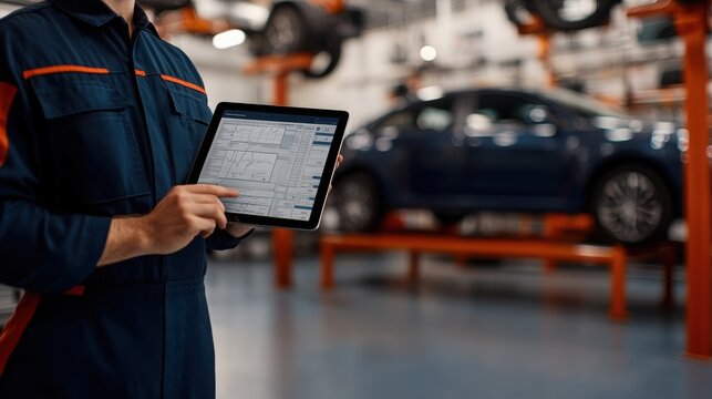 A mechanic uses a tablet to manage vehicle repairs in a modern auto shop filled with cars on lifts.