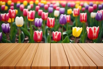 Vibrant Tulips Blooming on a Wooden Tabletop