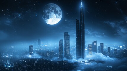 Fototapeta premium Futuristic Cityscape Illuminated by a Full Moon at Night