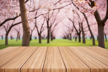 Empty Wooden Tabletop with Cherry Blossom Trees in Spring