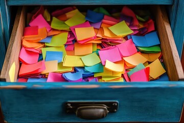 An open drawer full of brightly colored sticky notes of various sizes, representing organization and creativity in schoolwork