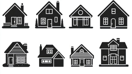 Fototapeta premium Icon set representing various house exteriors in black glyph