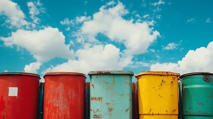 A sky blue backdrop containing several of colored containers of things