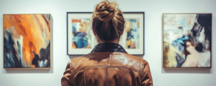 Art Appreciation: Woman Observing Abstract Paintings in Gallery