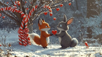 Naklejka premium Playful fox and rabbit exchange hearts winter wonderland digital art enchanted forest