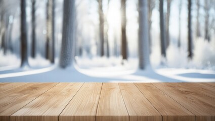 Wooden table in snowy winter forest background