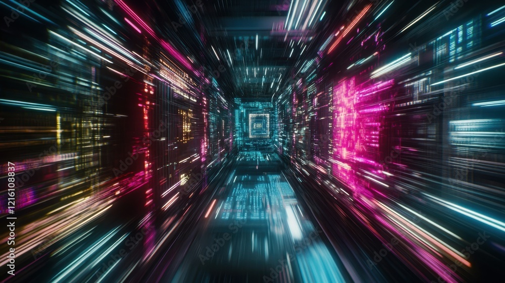 Poster a glowing ai processor embedded in an abstract digital environment with vibrant lights.
