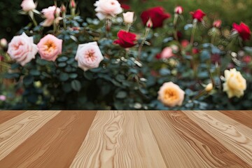 Wooden tabletop with a blurred background of beautiful roses