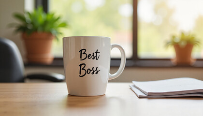 Best Boss mug on desk with inviting office background