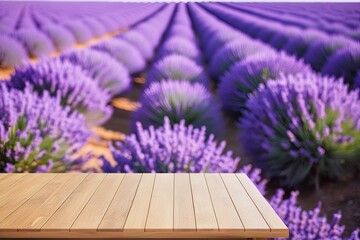 Wooden table top with a blurred lavender field background