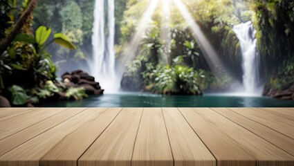 Empty Wooden Tabletop in Front of a Lush Waterfall