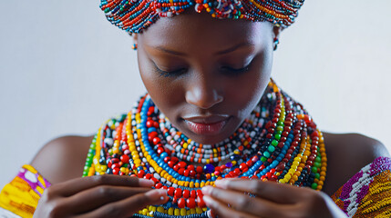 a woman wearing a colorful necklace and bracelet