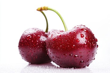 Two juicy cherries, water droplets, white background, food photography